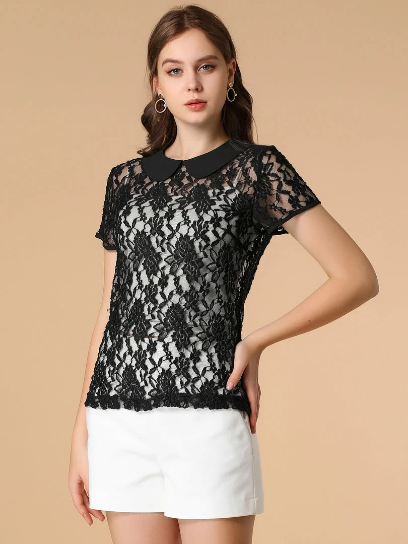 Allegra K Women's Contrast Doll Collar Short Sleeve Tops Sheer Lace Top 17 Allegra K Women's Contrast Doll Collar Short Sleeve Tops Sheer Lace Top