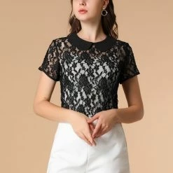 Allegra K Women's Contrast Doll Collar Short Sleeve Tops Sheer Lace Top 74 Allegra K Women's Contrast Doll Collar Short Sleeve Tops Sheer Lace Top