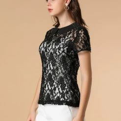 Allegra K Women's Contrast Doll Collar Short Sleeve Tops Sheer Lace Top 75 Allegra K Women's Contrast Doll Collar Short Sleeve Tops Sheer Lace Top