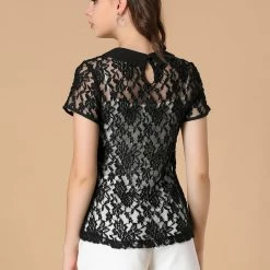 Allegra K Women's Contrast Doll Collar Short Sleeve Tops Sheer Lace Top 76 Allegra K Women's Contrast Doll Collar Short Sleeve Tops Sheer Lace Top