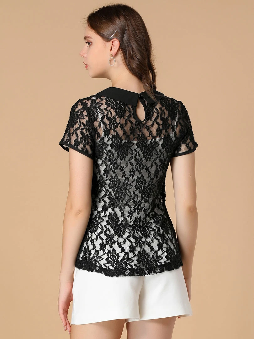 Allegra K Women's Contrast Doll Collar Short Sleeve Tops Sheer Lace Top 20 Allegra K Women's Contrast Doll Collar Short Sleeve Tops Sheer Lace Top