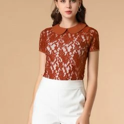 Allegra K Women's Contrast Doll Collar Short Sleeve Tops Sheer Lace Top 61 Allegra K Women's Contrast Doll Collar Short Sleeve Tops Sheer Lace Top