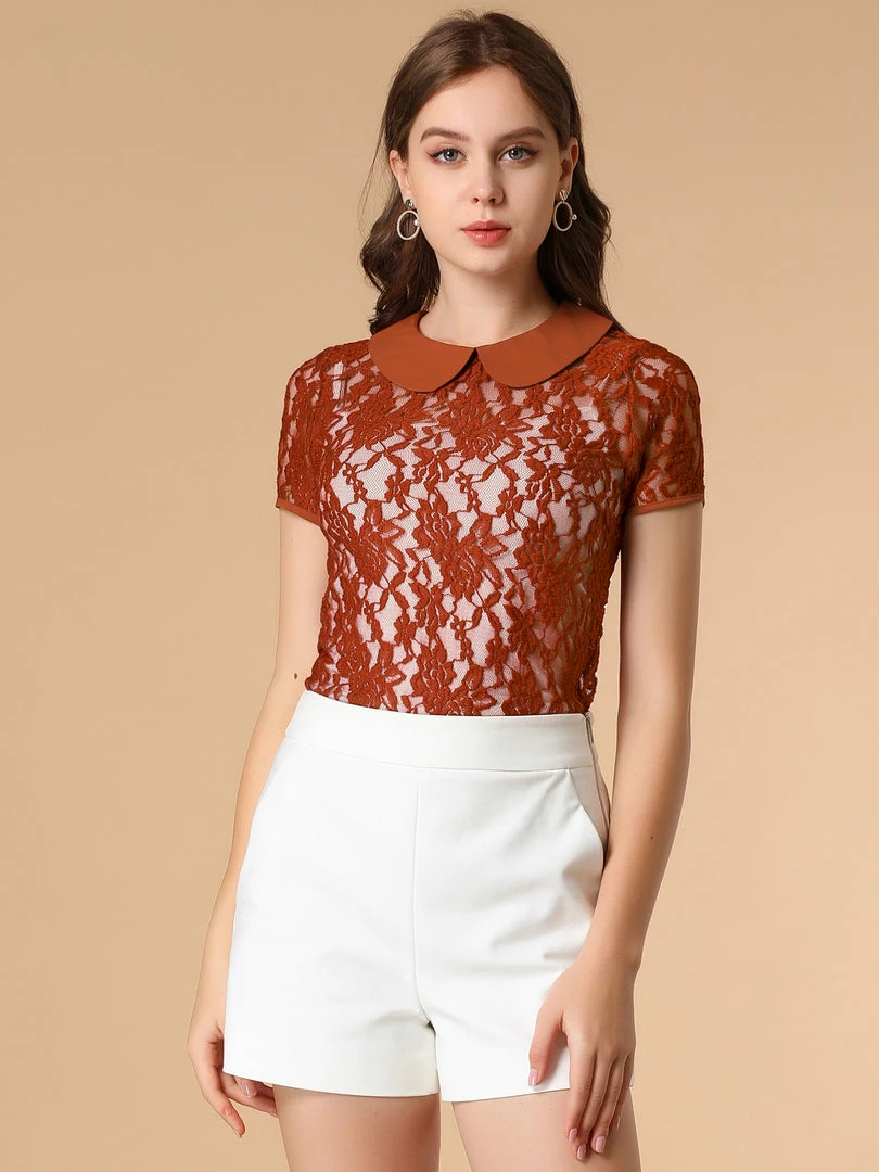 Allegra K Women's Contrast Doll Collar Short Sleeve Tops Sheer Lace Top 5 Allegra K Women's Contrast Doll Collar Short Sleeve Tops Sheer Lace Top