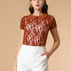 Allegra K Women's Contrast Doll Collar Short Sleeve Tops Sheer Lace Top 62 Allegra K Women's Contrast Doll Collar Short Sleeve Tops Sheer Lace Top