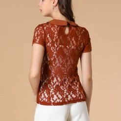Allegra K Women's Contrast Doll Collar Short Sleeve Tops Sheer Lace Top 64 Allegra K Women's Contrast Doll Collar Short Sleeve Tops Sheer Lace Top