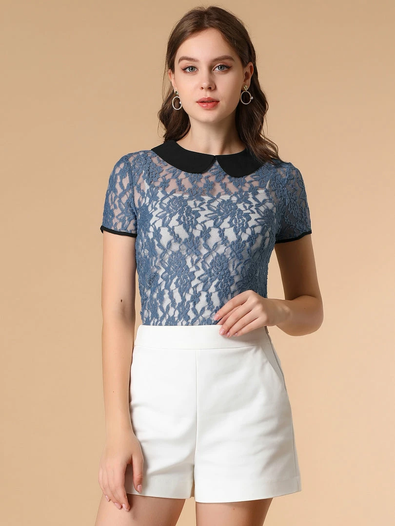 Allegra K Women's Contrast Doll Collar Short Sleeve Tops Sheer Lace Top 12 Allegra K Women's Contrast Doll Collar Short Sleeve Tops Sheer Lace Top