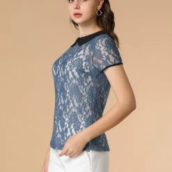 Allegra K Women's Contrast Doll Collar Short Sleeve Tops Sheer Lace Top 69 Allegra K Women's Contrast Doll Collar Short Sleeve Tops Sheer Lace Top