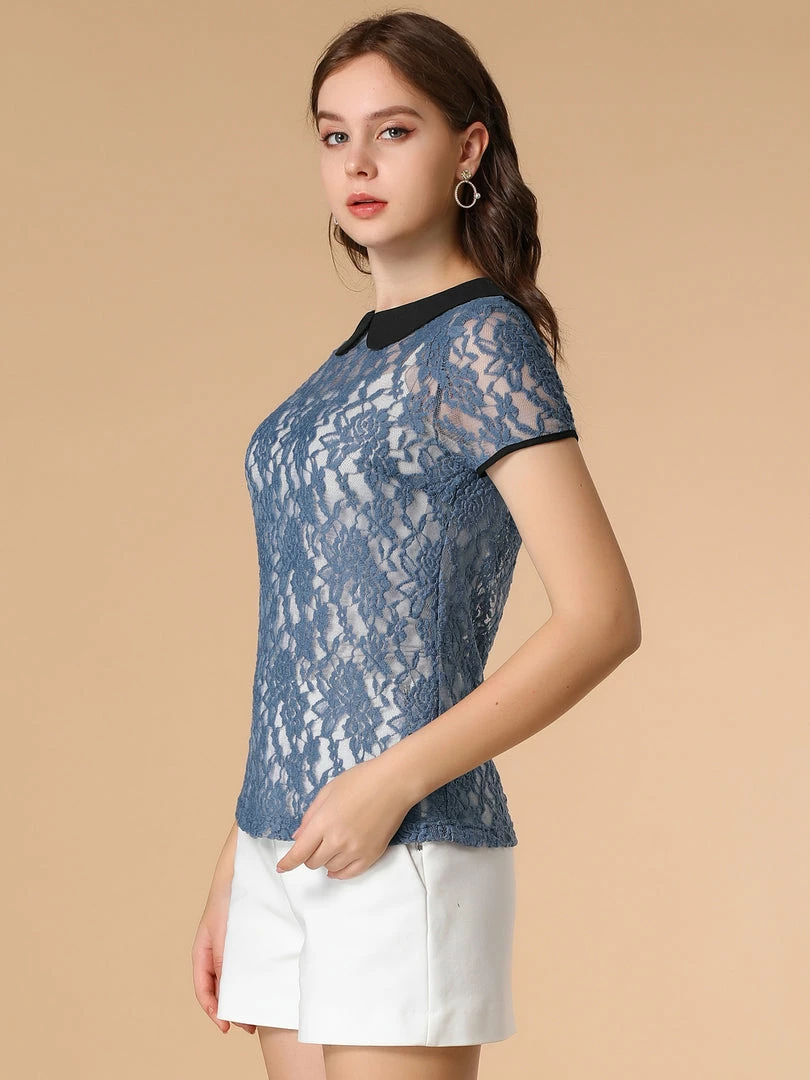 Allegra K Women's Contrast Doll Collar Short Sleeve Tops Sheer Lace Top 13 Allegra K Women's Contrast Doll Collar Short Sleeve Tops Sheer Lace Top