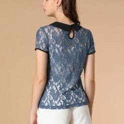 Allegra K Women's Contrast Doll Collar Short Sleeve Tops Sheer Lace Top 70 Allegra K Women's Contrast Doll Collar Short Sleeve Tops Sheer Lace Top