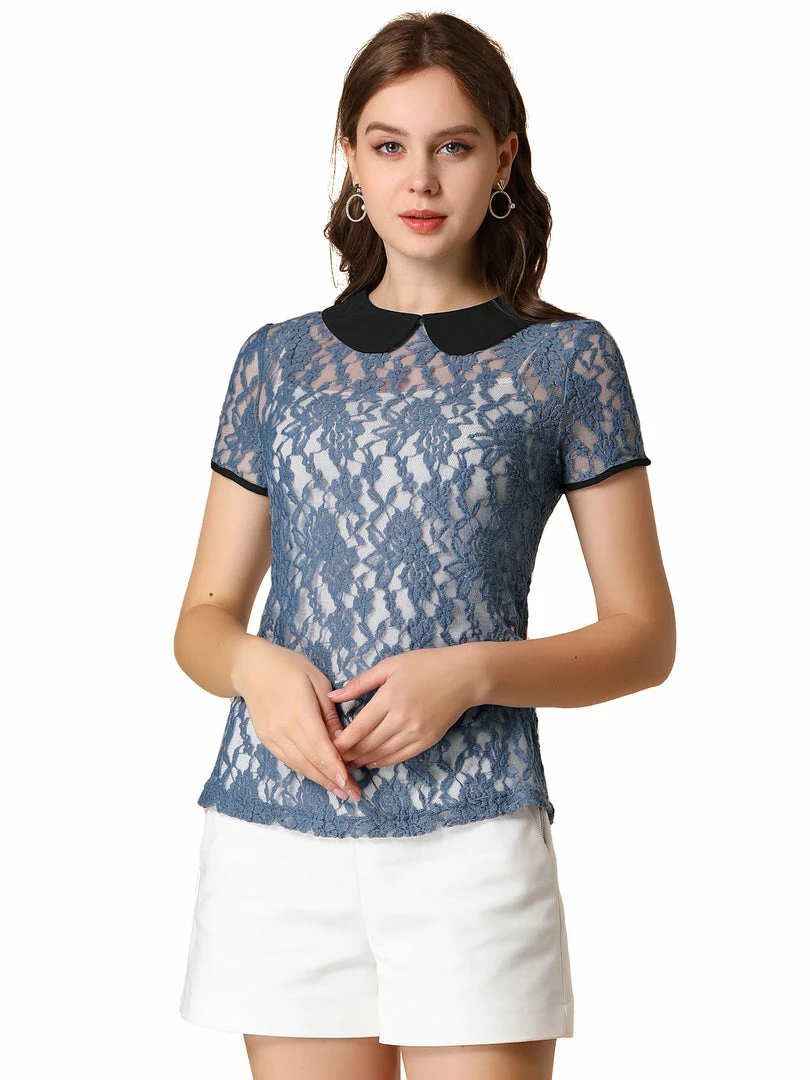 Allegra K Women's Contrast Doll Collar Short Sleeve Tops Sheer Lace Top 10 Allegra K Women's Contrast Doll Collar Short Sleeve Tops Sheer Lace Top