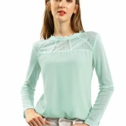 Allegra K Lace Floral Panel Crew Neck Long Sleeves Peasant Blouse Women