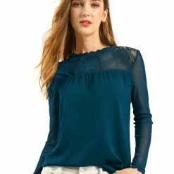 Allegra K Lace Floral Panel Crew Neck Long Sleeves Peasant Blouse Women