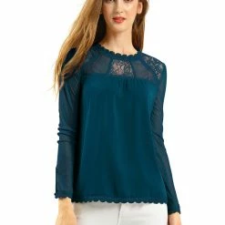 Allegra K Lace Floral Panel Crew Neck Long Sleeves Peasant Blouse Women