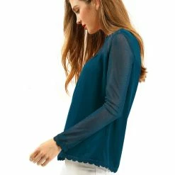 Allegra K Lace Floral Panel Crew Neck Long Sleeves Peasant Blouse Women