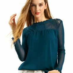 Allegra K Lace Floral Panel Crew Neck Long Sleeves Peasant Blouse Women