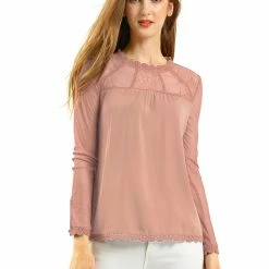 Allegra K Lace Floral Panel Crew Neck Long Sleeves Peasant Blouse Women