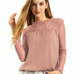 Allegra K Lace Floral Panel Crew Neck Long Sleeves Peasant Blouse Women