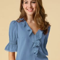 Allegra K Women's Ruffle V Neck Half Bell Sleeve Blouse Summer Vintage Casual Chiffon Peasant Top 143 Allegra K Women's Ruffle V Neck Half Bell Sleeve Blouse Summer Vintage Casual Chiffon Peasant Top