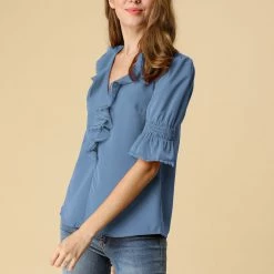 Allegra K Women's Ruffle V Neck Half Bell Sleeve Blouse Summer Vintage Casual Chiffon Peasant Top 145 Allegra K Women's Ruffle V Neck Half Bell Sleeve Blouse Summer Vintage Casual Chiffon Peasant Top