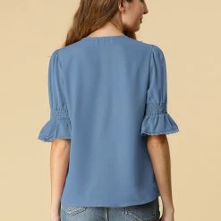 Allegra K Women's Ruffle V Neck Half Bell Sleeve Blouse Summer Vintage Casual Chiffon Peasant Top 146 Allegra K Women's Ruffle V Neck Half Bell Sleeve Blouse Summer Vintage Casual Chiffon Peasant Top