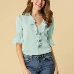 Allegra K Women's Ruffle V Neck Half Bell Sleeve Blouse Summer Vintage Casual Chiffon Peasant Top 138 Allegra K Women's Ruffle V Neck Half Bell Sleeve Blouse Summer Vintage Casual Chiffon Peasant Top