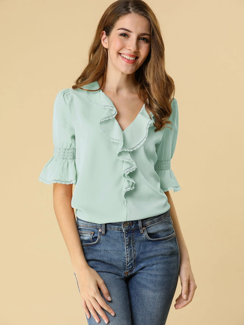 Allegra K Women's Ruffle V Neck Half Bell Sleeve Blouse Summer Vintage Casual Chiffon Peasant Top 54 Allegra K Women's Ruffle V Neck Half Bell Sleeve Blouse Summer Vintage Casual Chiffon Peasant Top