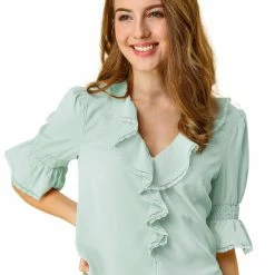 Allegra K Women's Ruffle V Neck Half Bell Sleeve Blouse Summer Vintage Casual Chiffon Peasant Top 136 Allegra K Women's Ruffle V Neck Half Bell Sleeve Blouse Summer Vintage Casual Chiffon Peasant Top