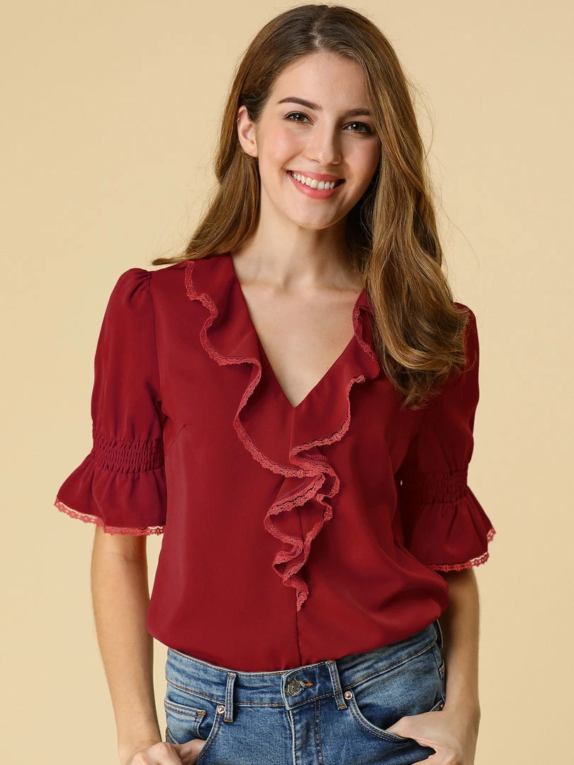 Allegra K Women's Ruffle V Neck Half Bell Sleeve Blouse Summer Vintage Casual Chiffon Peasant Top 47 Allegra K Women's Ruffle V Neck Half Bell Sleeve Blouse Summer Vintage Casual Chiffon Peasant Top