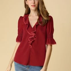 Allegra K Women's Ruffle V Neck Half Bell Sleeve Blouse Summer Vintage Casual Chiffon Peasant Top 132 Allegra K Women's Ruffle V Neck Half Bell Sleeve Blouse Summer Vintage Casual Chiffon Peasant Top