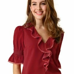 Allegra K Women's Ruffle V Neck Half Bell Sleeve Blouse Summer Vintage Casual Chiffon Peasant Top 130 Allegra K Women's Ruffle V Neck Half Bell Sleeve Blouse Summer Vintage Casual Chiffon Peasant Top