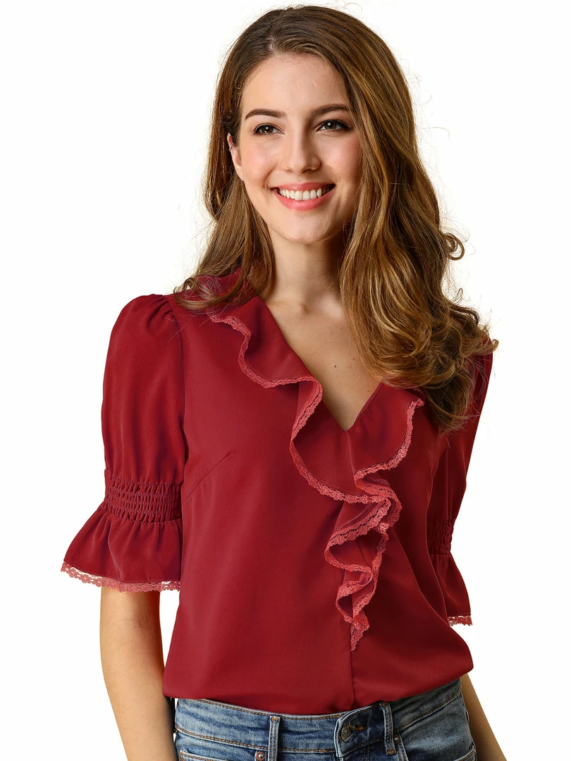Allegra K Women's Ruffle V Neck Half Bell Sleeve Blouse Summer Vintage Casual Chiffon Peasant Top 46 Allegra K Women's Ruffle V Neck Half Bell Sleeve Blouse Summer Vintage Casual Chiffon Peasant Top