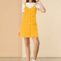 Allegra K Women's Adjustable Strap Above Knee Button Down Overall Dress With Pockets