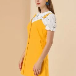 Allegra K Women's Adjustable Strap Above Knee Button Down Overall Dress With Pockets