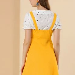 Allegra K Women's Adjustable Strap Above Knee Button Down Overall Dress With Pockets