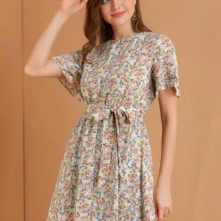 Allegra K Women's Short Sleeve Elastic Tie Waist Floral Dress