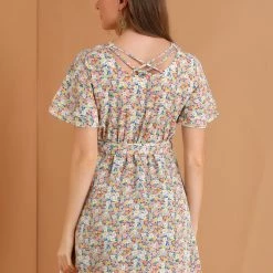 Allegra K Women's Short Sleeve Elastic Tie Waist Floral Dress