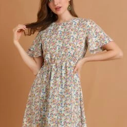 Allegra K Women's Short Sleeve Elastic Tie Waist Floral Dress