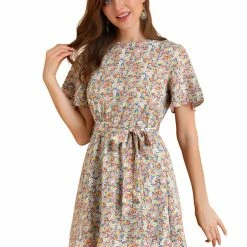 Allegra K Women's Short Sleeve Elastic Tie Waist Floral Dress