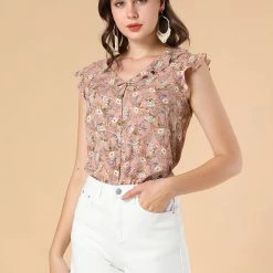 Allegra K Women's Ruffle V Neck Flutter Sleeve Button Down Floral Shirt 11 Allegra K Women's Ruffle V Neck Flutter Sleeve Button Down Floral Shirt