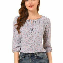 Women Allegra K Floral Print 3/4 Raglan Sleeve Drawstring Round Neck Blouse