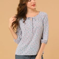 Women Allegra K Floral Print 3/4 Raglan Sleeve Drawstring Round Neck Blouse