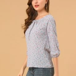 Women Allegra K Floral Print 3/4 Raglan Sleeve Drawstring Round Neck Blouse