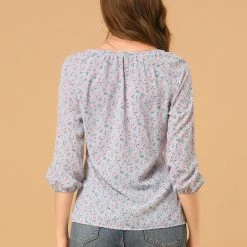 Women Allegra K Floral Print 3/4 Raglan Sleeve Drawstring Round Neck Blouse