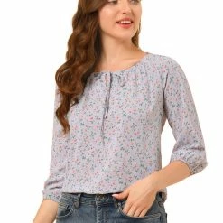 Women Allegra K Floral Print 3/4 Raglan Sleeve Drawstring Round Neck Blouse
