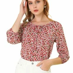 Women Allegra K Floral Print 3/4 Raglan Sleeve Drawstring Round Neck Blouse