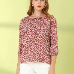Women Allegra K Floral Print 3/4 Raglan Sleeve Drawstring Round Neck Blouse