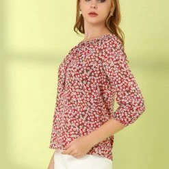 Women Allegra K Floral Print 3/4 Raglan Sleeve Drawstring Round Neck Blouse