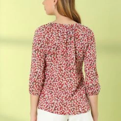 Women Allegra K Floral Print 3/4 Raglan Sleeve Drawstring Round Neck Blouse