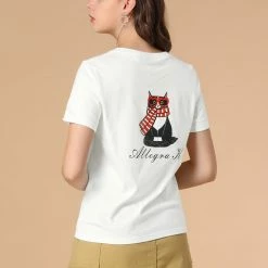 Allegra K Women's Summer Casual Short Sleeve Crew Neck Cartoon Cat Pet Print T-shirt