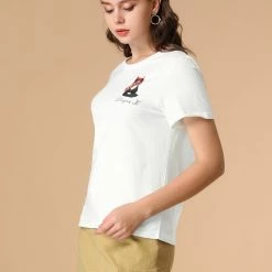 Allegra K Women's Summer Casual Short Sleeve Crew Neck Cartoon Cat Pet Print T-shirt